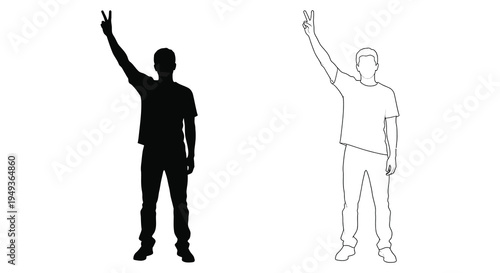 Two men raising hands in a peace sign contrasted forms black silhouette