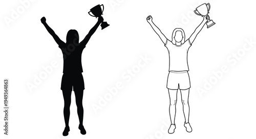 Celebrating victory two depictions of a woman with a trophy silhouette