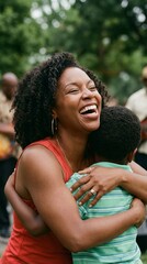 Woman hugging boy outdoors during a Juneteenth celebration, warm family embrace, community joy, summer holiday, Juneteenth.
