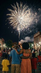 Family watching fireworks in a small town street during Juneteenth celebration, summer night community event, freedom holiday, Juneteenth.