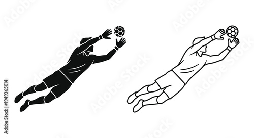 Two handball goalkeepers in dynamic poses a striking black silhouette