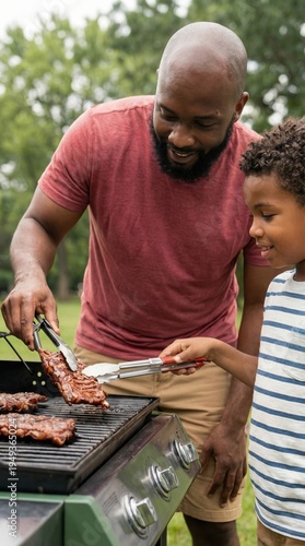 Man grilling meat with child at a Juneteenth cookout outdoors, family bonding, summer barbecue, community celebration, Juneteenth.