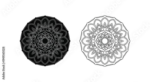 Two ornate circular designs one dark and one light showcasing detailed artistry silhouette