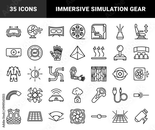 Virtual reality and immersive technology hardware components for simulation systems. Technical monoline pictograms featuring haptic gear and sensory devices.