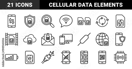 Mobile connectivity and telecommunications hardware symbols. Monoline technical pictograms featuring SIM card technology and wireless network roaming concepts.