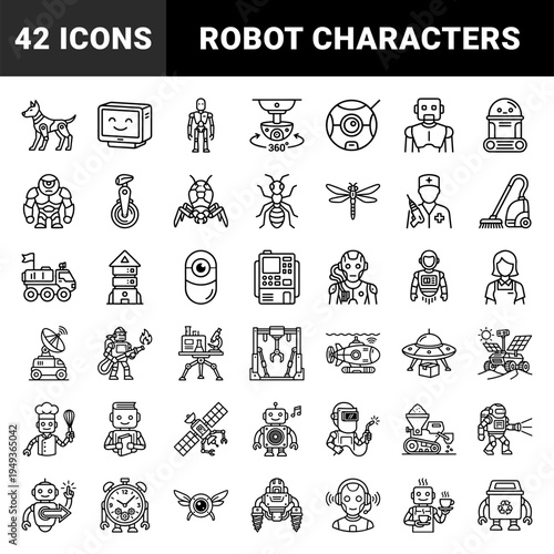 Robotic automation and artificial intelligence interface elements featuring humanoid androids, industrial machines, and futuristic smart technology pictograms.