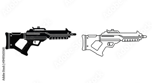 Two futuristic weapon designs presented as a bold black silhouette