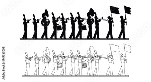 Marching band performance with brass instruments and flags black silhouette