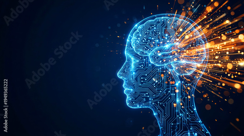 Futuristic Digital Human Head Profile with Glowing Blue Circuit Board Brain and Orange Particle Burst