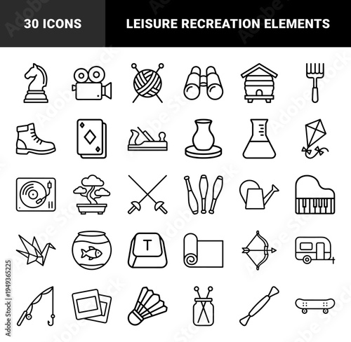 Lifestyle and recreation activity symbols for digital interface design. Technical monoline pictograms featuring diverse creative hobbies and outdoor sports.