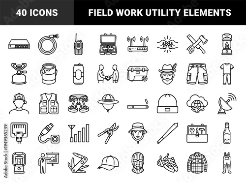 Outdoor adventure and telecommunications equipment monoline pictograms. Technical line art featuring camping gear, networking hardware, and field work apparel.