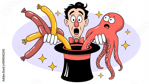 Magician pulls octopus and sausages out of top hat with surprised expression and magic stars