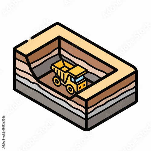 Mining dump truck operating in an open pit mine excavation.