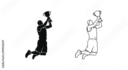 Two athletes celebrating victories lifting trophies in a dynamic pose silhouette