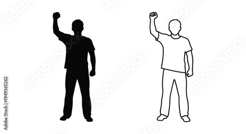 Two men raising arms in celebration one a stark black silhouette