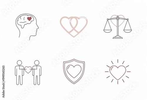 Emotional intelligence in relationships represented through symbols of love connection brain heart balance and protection in a modern minimalist design aesthetic