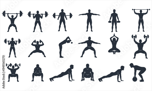 Collection of various fitness and exercise poses in black silhouette on white background