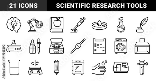 Biotechnology and laboratory research equipment elements for scientific workflow. Technical monoline pictograms featuring genetic engineering and medical life science concepts.