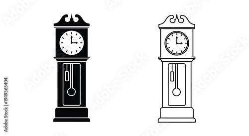 Two grandfather clocks one black and one white depicted in a stark silhouette