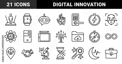 Future technology and digital transformation monoline elements featuring artificial intelligence, cloud computing, and biometric security systems.