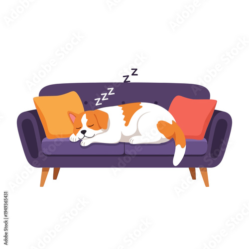 Cute dog sleeping peacefully on a purple sofa with orange and red pillows.