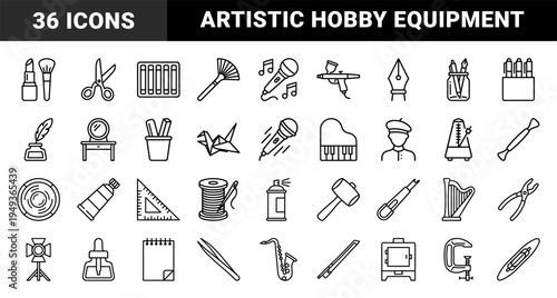 Creative arts and industrial craft equipment in technical monoline style. Detailed hobbyist tools for painting, music, sewing, and woodworking.