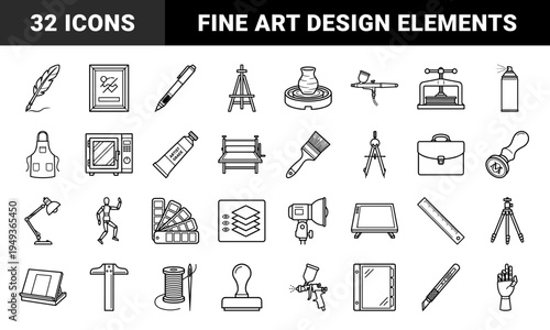 Artistic studio equipment and creative craft tools for professional design workflows. Technical monoline pictograms featuring fine art and maker culture elements.
