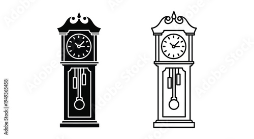 Two antique grandfather clocks in black and white a striking silhouette