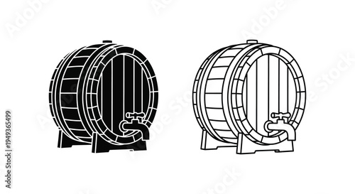 Two wooden barrels one solid and one outlined presented in black and white silhouette