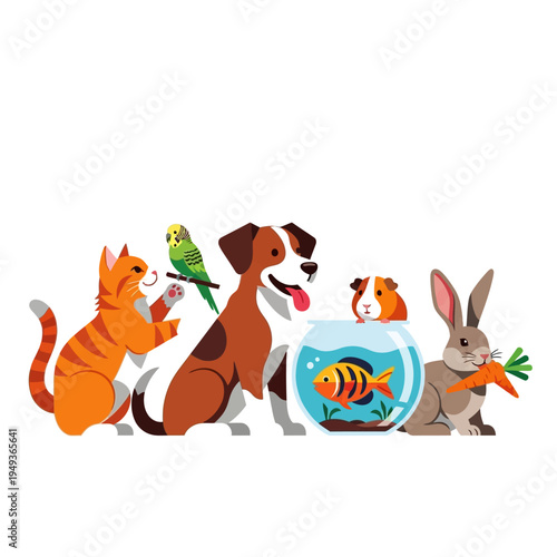 Diverse Pets Group Portrait: Cat, Dog, Parrot, Fish, Guinea Pig, Rabbit