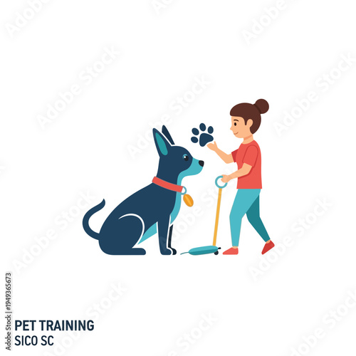 Dog Training: Person teaching dog paw command with paw print icon