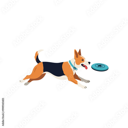 Energetic dog chasing a blue frisbee on white background, illustration