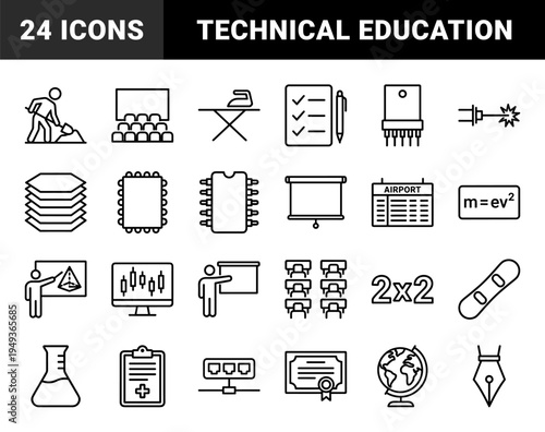 Education and industrial technology monoline pictograms for technical training. Professional geometric line art featuring science, engineering, and academic workflow concepts.