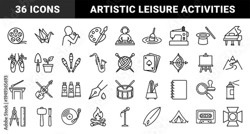 Creative hobbies and artistic expression elements in technical monoline style. Minimalist black and white pictograms for leisure and craft activities.