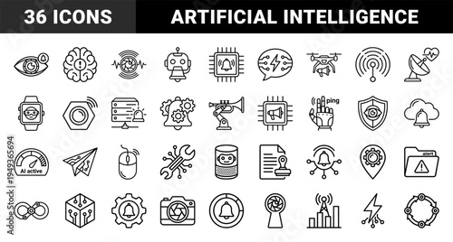 Artificial intelligence and digital automation symbols in technical monoline style for machine learning and smart technology interfaces.