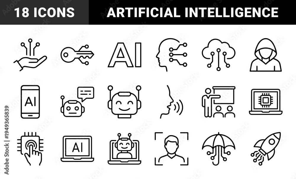 Fototapeta premium Artificial intelligence and machine learning technology elements. Technical monoline pictograms for neural networks, data processing, and robotic automation.