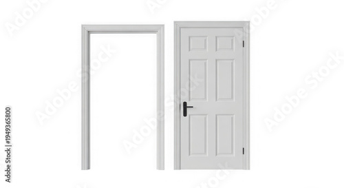 Closed white wooden door with a matching empty door frame set isolated on transparent background