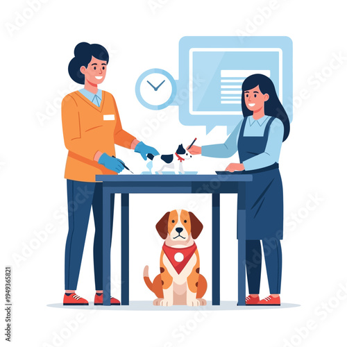 Pet Grooming Service: Stylist Trimming Dog While Assistant Prepares Supplies