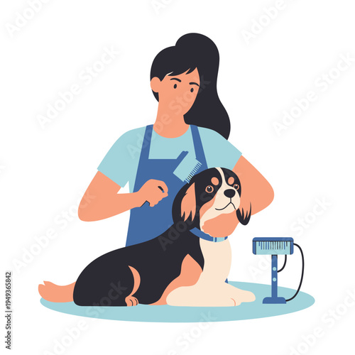 Professional groomer brushing a cute dog, grooming salon illustration