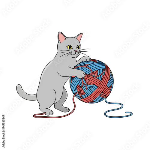 Playful Cat With Large Ball of Yarn, Domestic Pet Illustration