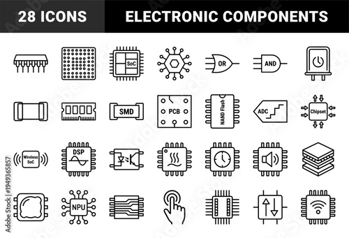 Semiconductor technology and electronic component symbols for hardware engineering. Technical monoline diagrams of microchips, processors, and circuit logic.