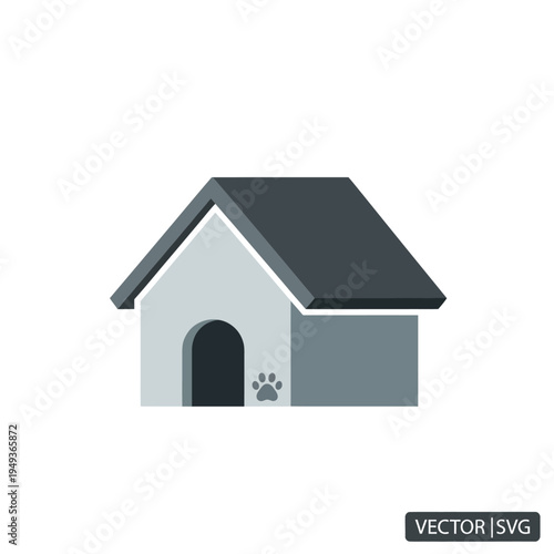 Simple Dog House Icon with Paw Print - Vector Graphic Illustration