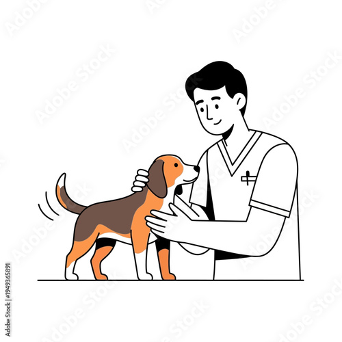 Veterinarian Gently Petting Happy Beagle Dog, Animal Care Concept