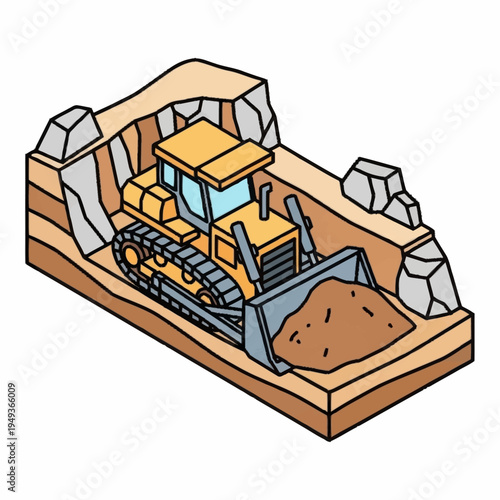 Yellow bulldozer excavating earth in construction site isometric view.