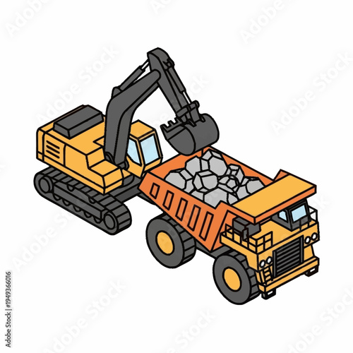Excavator Loading Rocks into Dump Truck Isometric View.