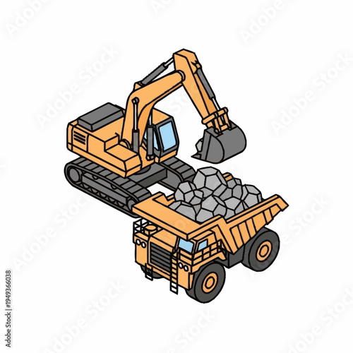 Isometric Excavator Loading Rocks into Dump Truck.
