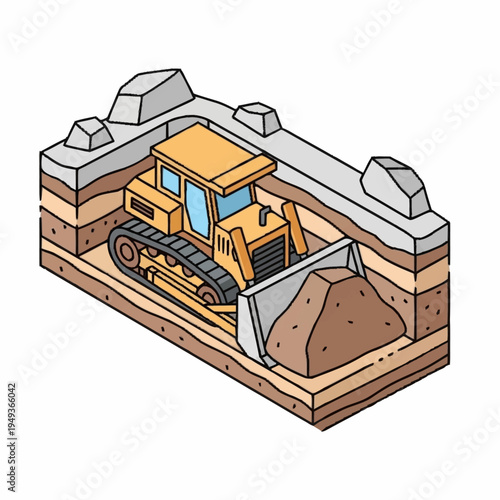 Yellow bulldozer excavating earth in layered soil cross-section.