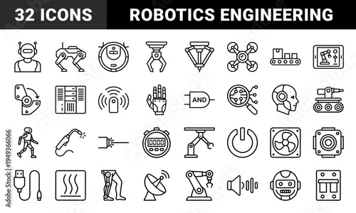 Robotics and industrial automation technical monoline elements for engineering diagrams. Precision mechanical components and artificial intelligence hardware.