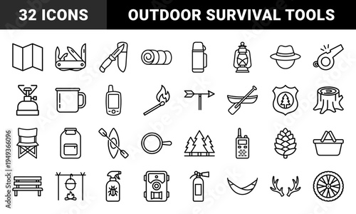 Outdoor camping and wilderness exploration equipment. Technical monoline linear pictograms featuring hiking gear, forest survival tools, and nature trek elements.