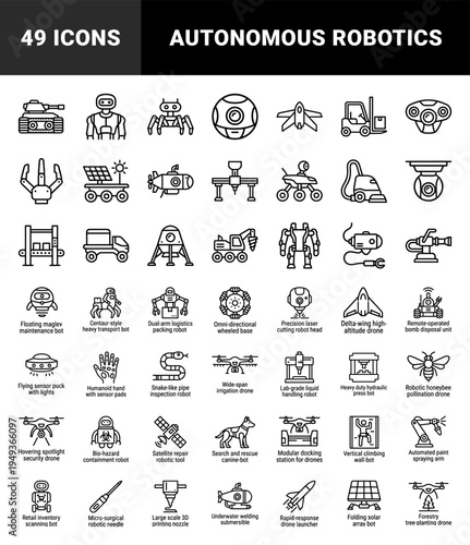 Autonomous robotics and industrial automation systems for smart manufacturing. Technical monoline pictograms featuring drone technology and mechanical engineering concepts.